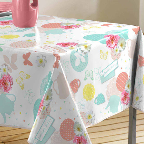 Tea Party - Rund voksdug med tekander, 140 x 240 cm
