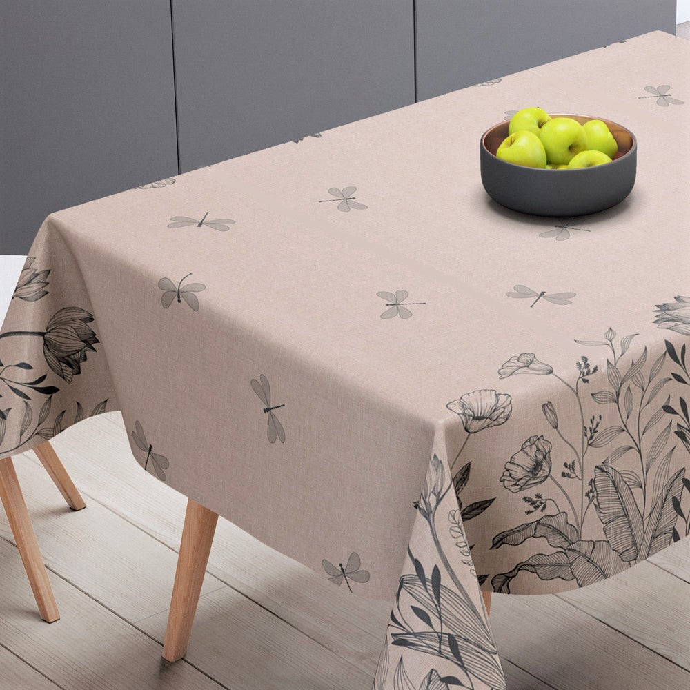 Textillia Fleurs Black - Voksdug i hørlook med sorte blomster og sommerfugle