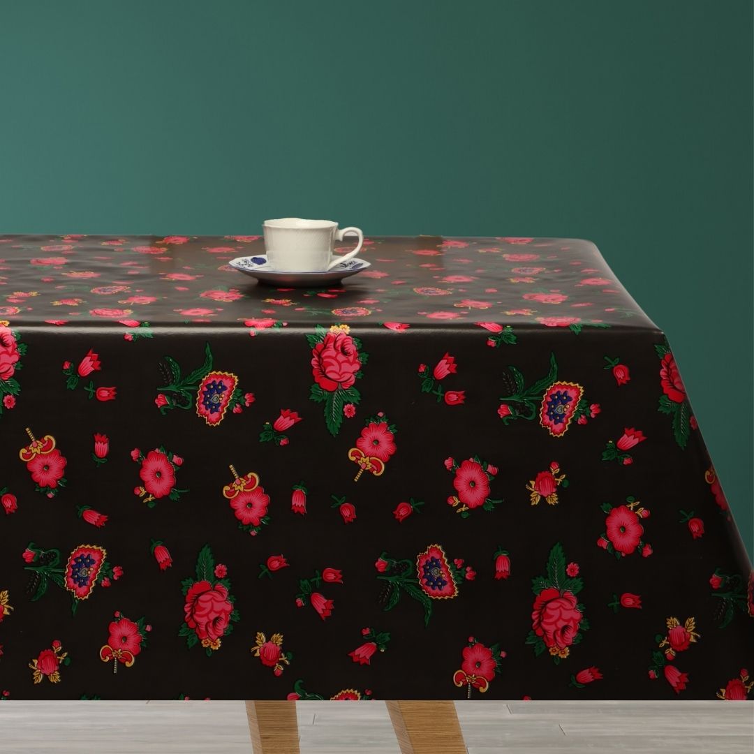 Vintage Blomster – Voksdug i brun med røde roser