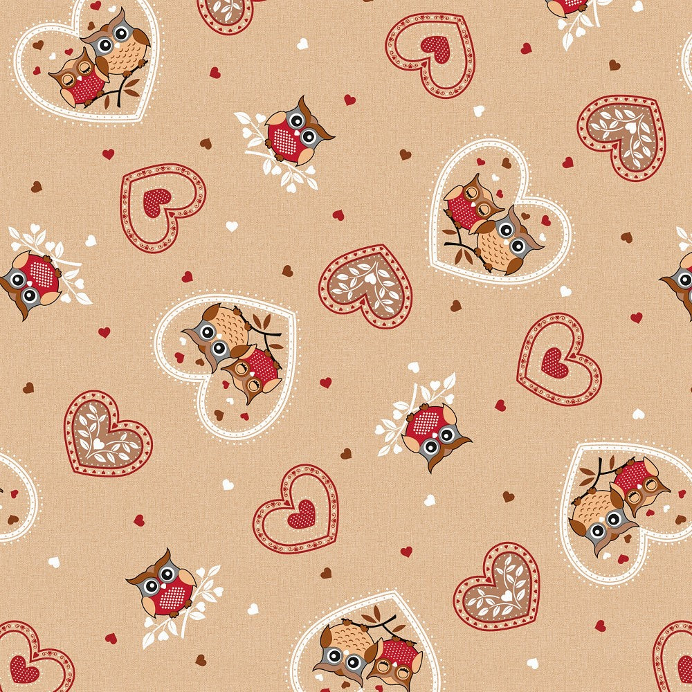 LÆNGDE: 3.5 m - Ugler og Hjerter - Voksdug i beige, rød, hvid, 160 cm bred